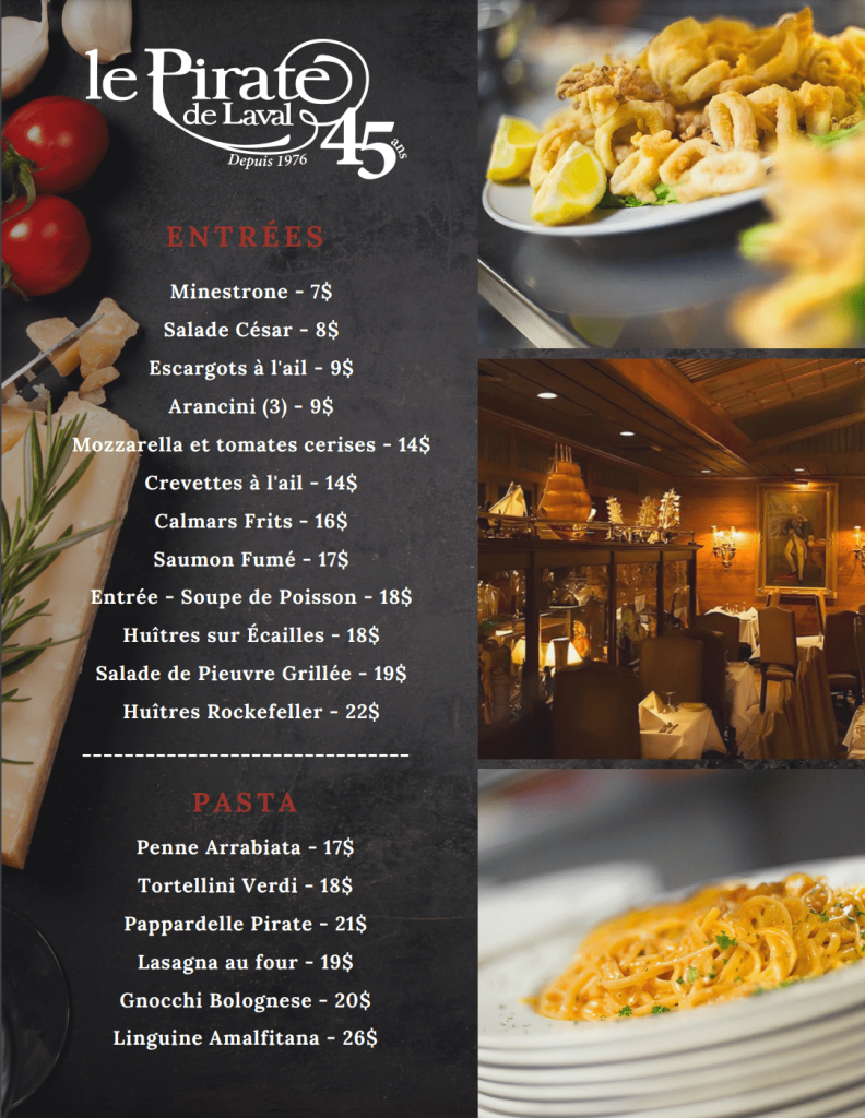 Menu Le Pirate de Laval